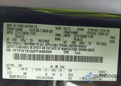 2015 Ford F150 Supercrew из США, поврежденный, VIN 1FTFW1EG2FFA86566